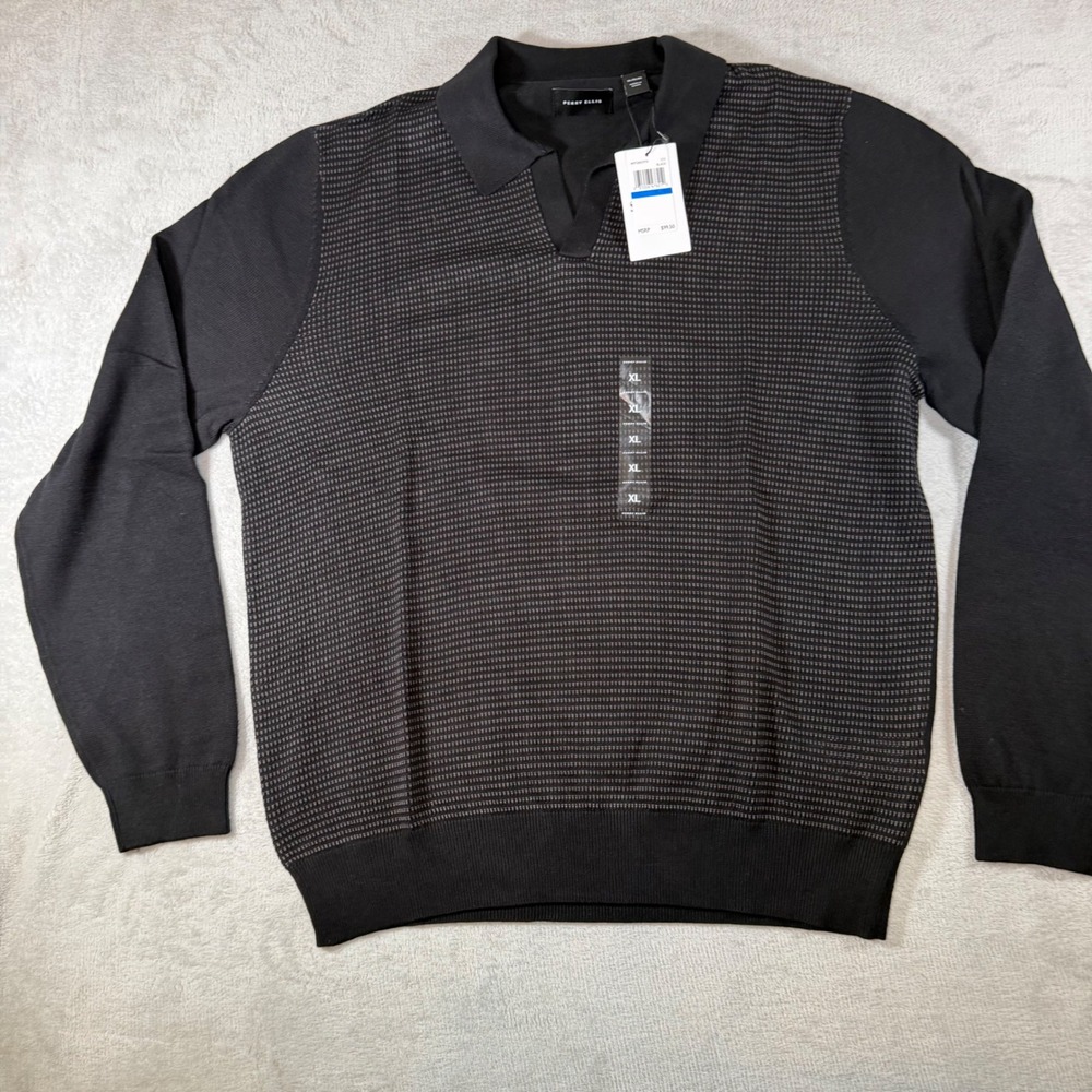 Perry Ellis Mens XL Black Textured Birds Eye Long Sleeve Polo Sweater 4KFG9007PX
